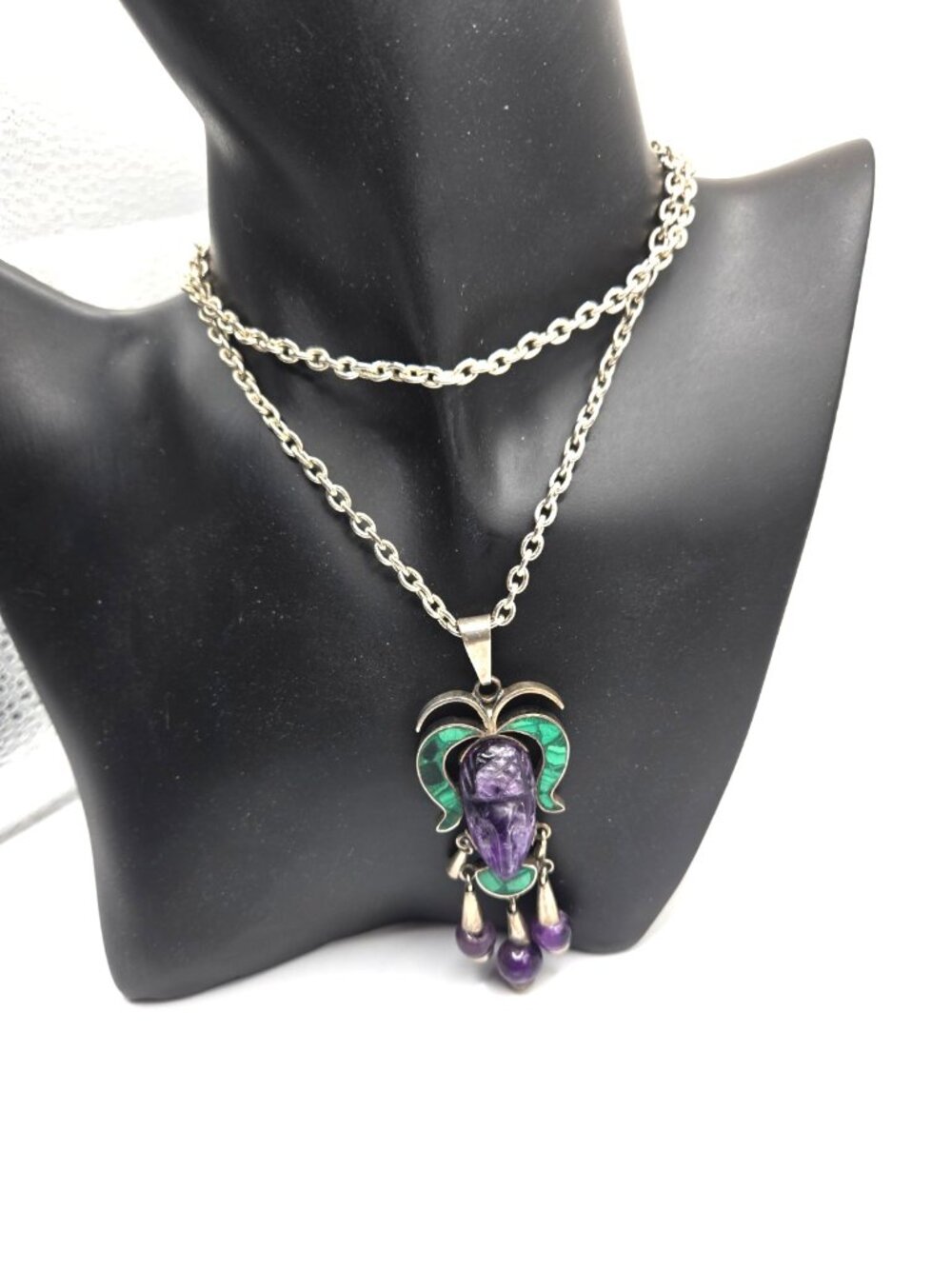Vintage Taxco Mexico Sterling Silver Malachite & Carved Amethyst Pendant Necklac